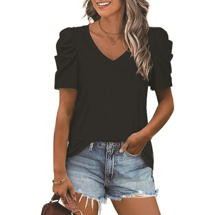 Womens Puff Short Sleeve Tops Loose Fit VNeck Shirts Casual Solid Color Blouses