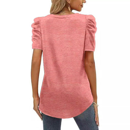 Womens Puff Short Sleeve Tops Loose Fit VNeck Shirts Casual Solid Color Blouses