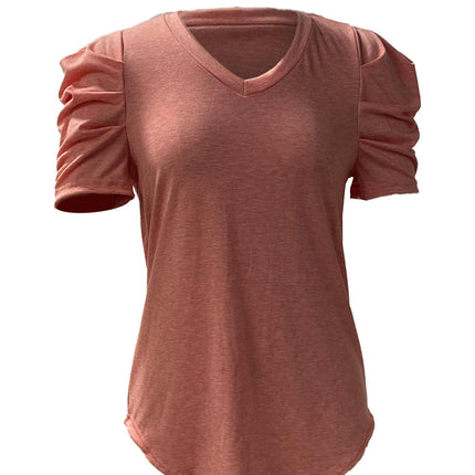 Womens Puff Short Sleeve Tops Loose Fit VNeck Shirts Casual Solid Color Blouses