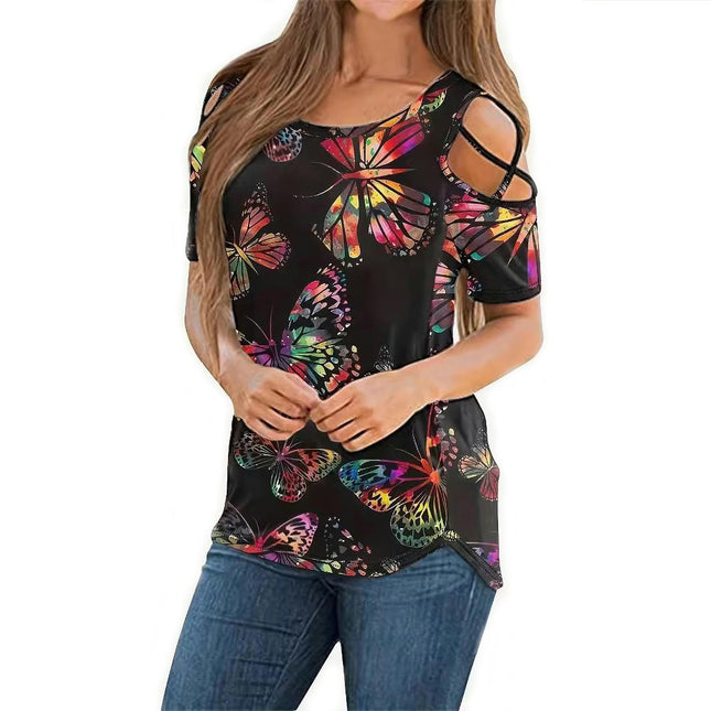 Womens Short Sleeve Tops Slim Fit Cold Shoulder Casual Print Shirts