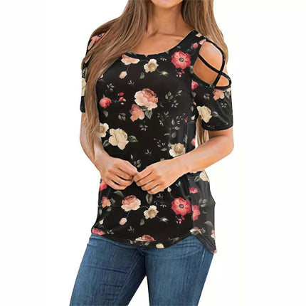 Womens Short Sleeve Tops Slim Fit Cold Shoulder Casual Print Shirts