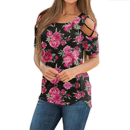 Womens Short Sleeve Tops Slim Fit Cold Shoulder Casual Print Shirts