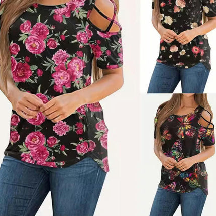 Womens Short Sleeve Tops Slim Fit Cold Shoulder Casual Print Shirts