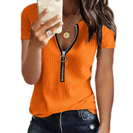 Women's Casual Waffle Tops Short Sleeve Zip Up V Neck T Shirt Blouse