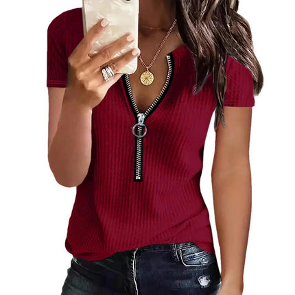 Women's Casual Waffle Tops Short Sleeve Zip Up V Neck T Shirt Blouse