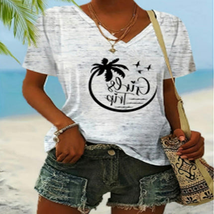 Women Summer Tops Short Sleeve T Shirts Casual V Neck Printed Loose Fit Blouses