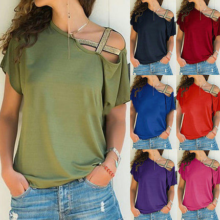 Womens Summer Short Sleeve Tops Slim Fit Cold Shoulder Casual Shirts