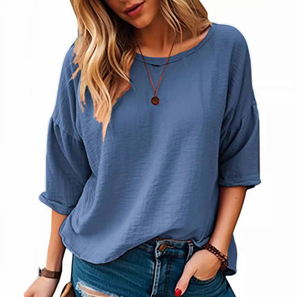 Womens Casual 3/4 Sleeve Shirts Blouse Summer Loose Fit Crew Neck Tops