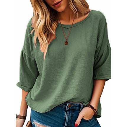 Womens Casual 3/4 Sleeve Shirts Blouse Summer Loose Fit Crew Neck Tops