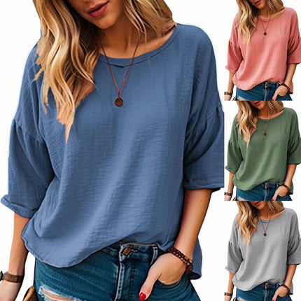 Womens Casual 3/4 Sleeve Shirts Blouse Summer Loose Fit Crew Neck Tops