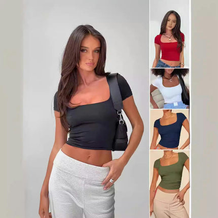 Women's Short Sleeve Square Neck Cropped T Shirts Slim Fit Basic Crop Tops