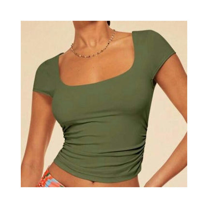 Women's Short Sleeve Square Neck Cropped T Shirts Slim Fit Basic Crop Tops