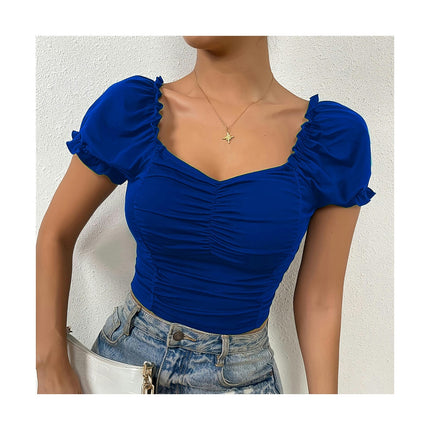 Women's Puff Short Sleeve Square Neck Cropped T Shirts Slim Fit Ruched Crop Tops