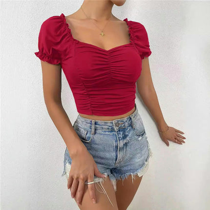 Women's Puff Short Sleeve Square Neck Cropped T Shirts Slim Fit Ruched Crop Tops