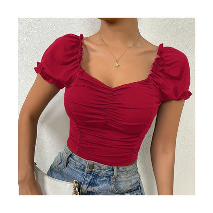 Women's Puff Short Sleeve Square Neck Cropped T Shirts Slim Fit Ruched Crop Tops