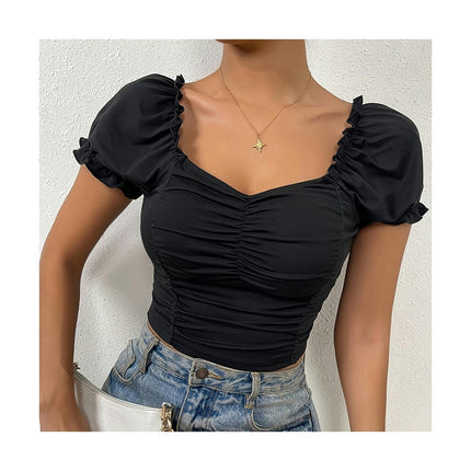 Women's Puff Short Sleeve Square Neck Cropped T Shirts Slim Fit Ruched Crop Tops