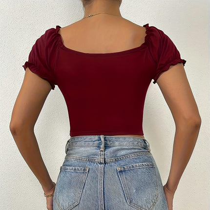 Women's Puff Short Sleeve Square Neck Cropped T Shirts Slim Fit Ruched Crop Tops