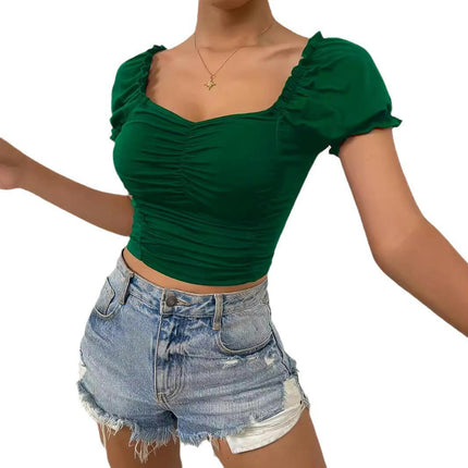 Women's Puff Short Sleeve Square Neck Cropped T Shirts Slim Fit Ruched Crop Tops