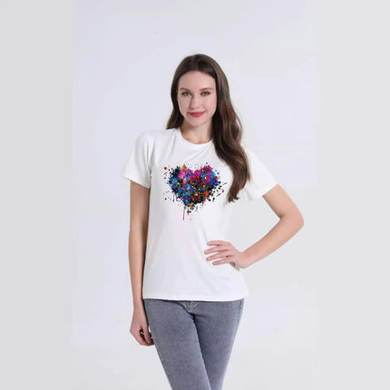 Women Casual Tops Graphic Tee Crew Neck Short Sleeve Heart Print Loose Summer Tops