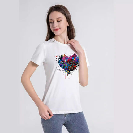 Women Casual Tops Graphic Tee Crew Neck Short Sleeve Heart Print Loose Summer Tops