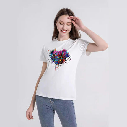 Women Casual Tops Graphic Tee Crew Neck Short Sleeve Heart Print Loose Summer Tops