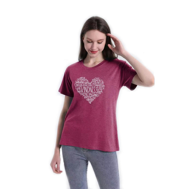 Women Heart Printed Crewneck Graphic Tee Shirts Loose Casual Short Sleeve Tops Blouses