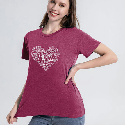 Women Heart Printed Crewneck Graphic Tee Shirts Loose Casual Short Sleeve Tops Blouses