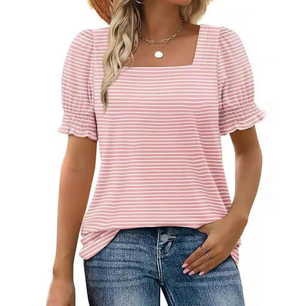 Women's Summer Puff Short Sleeve Top Square Neck Striped Loose Casual T Shirts