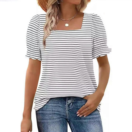 Women's Summer Puff Short Sleeve Top Square Neck Striped Loose Casual T Shirts