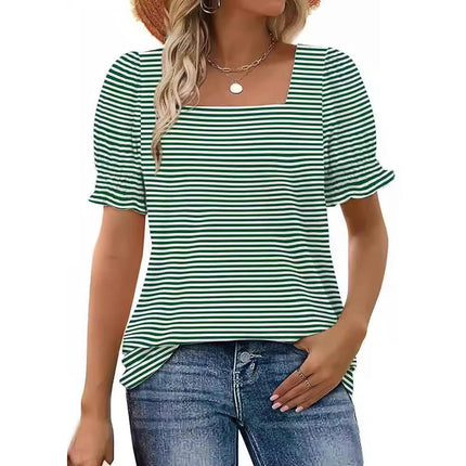 Women's Summer Puff Short Sleeve Top Square Neck Striped Loose Casual T Shirts