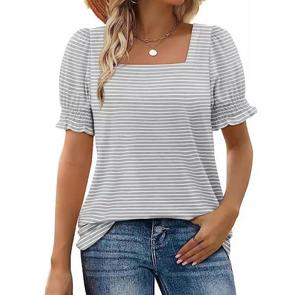 Women's Summer Puff Short Sleeve Top Square Neck Striped Loose Casual T Shirts