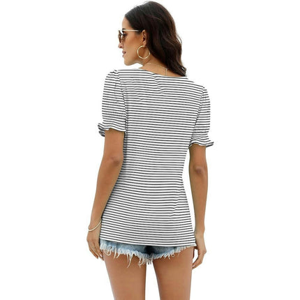 Women's Summer Puff Short Sleeve Top Square Neck Striped Loose Casual T Shirts