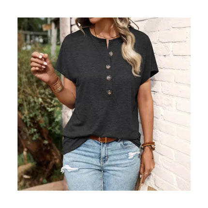 Women's Short Sleeve Shirts Crewneck Button Up Loose Summer Basic Tees Tops