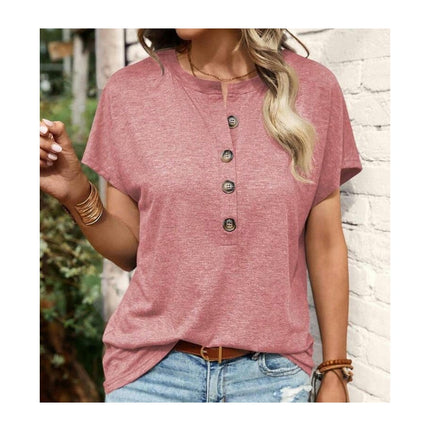 Women's Short Sleeve Shirts Crewneck Button Up Loose Summer Basic Tees Tops