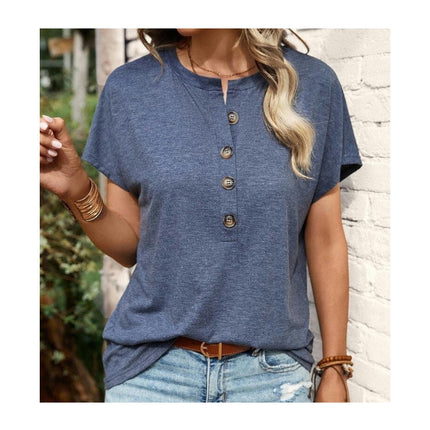 Women's Short Sleeve Shirts Crewneck Button Up Loose Summer Basic Tees Tops