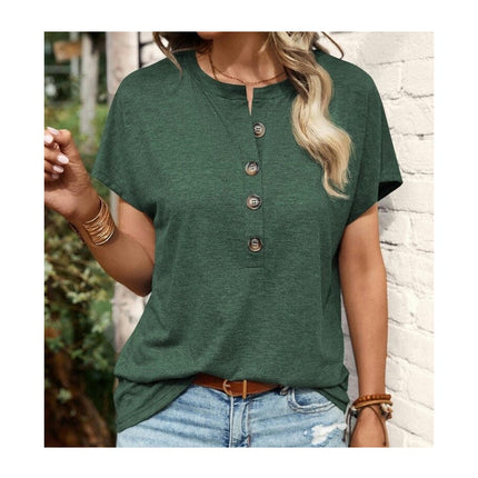 Women's Short Sleeve Shirts Crewneck Button Up Loose Summer Basic Tees Tops