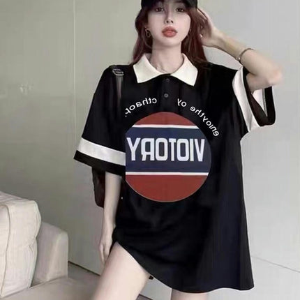 Women's Summer Oversized Polo Shirts Short Sleeve Printed Loose Fit Tops