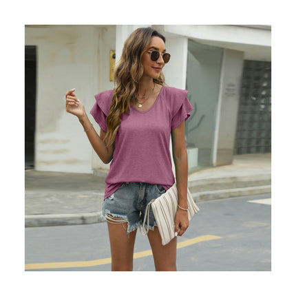 Women's Casual Ruffle Short Sleeve Tops V Neck Solid Color T Shirts Blouses