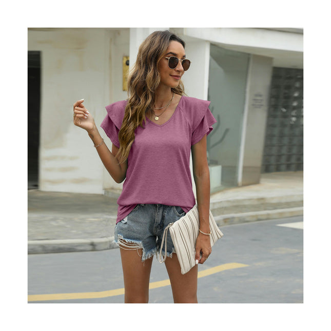 Women's Casual Ruffle Short Sleeve Tops V Neck Solid Color T Shirts Blouses