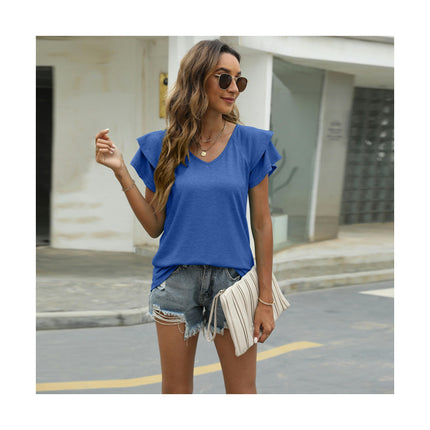 Women's Casual Ruffle Short Sleeve Tops V Neck Solid Color T Shirts Blouses