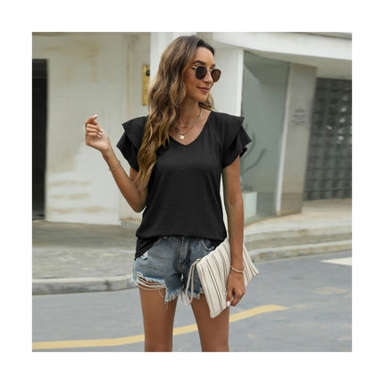 Women's Casual Ruffle Short Sleeve Tops V Neck Solid Color T Shirts Blouses