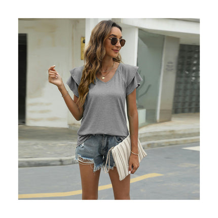 Women's Casual Ruffle Short Sleeve Tops V Neck Solid Color T Shirts Blouses