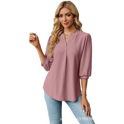 Women's Causual V Neck 3/4 Sleeve Shirts Loose Tunic Tops Blouses