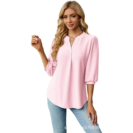 Women's Causual V Neck 3/4 Sleeve Shirts Loose Tunic Tops Blouses