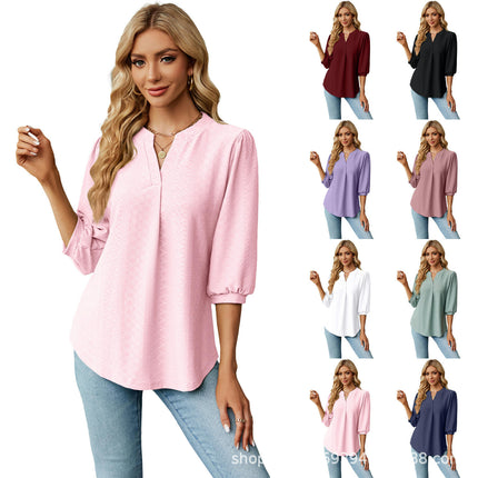 Women's Causual V Neck 3/4 Sleeve Shirts Loose Tunic Tops Blouses