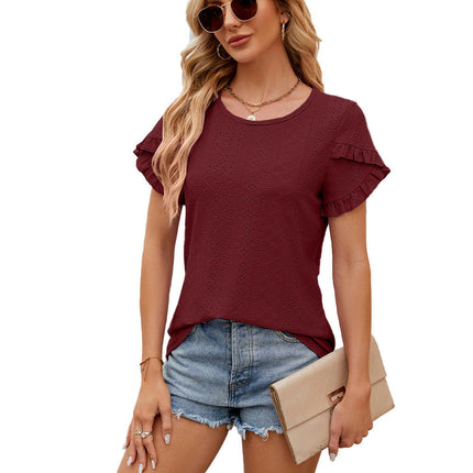 Women Summer Crewneck T Shirts Eyelet Top Ruffle Short Sleeve Casual Blouses