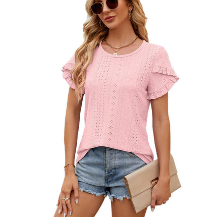 Women Summer Crewneck T Shirts Eyelet Top Ruffle Short Sleeve Casual Blouses