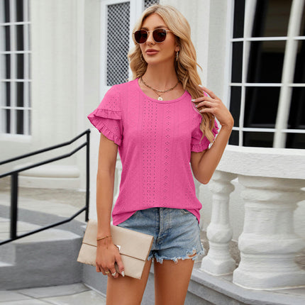 Women Summer Crewneck T Shirts Eyelet Top Ruffle Short Sleeve Casual Blouses