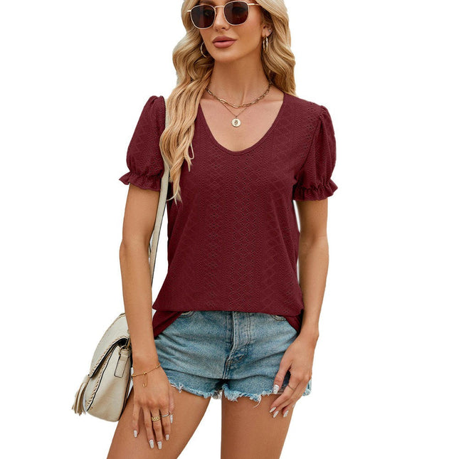 Women Eyelet Tops Puff Short Sleeve Summer T Shirts Fashion V Neck Tunic Blouses