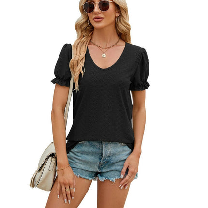 Women Eyelet Tops Puff Short Sleeve Summer T Shirts Fashion V Neck Tunic Blouses